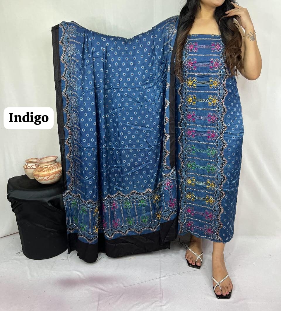 Pure Modal Silk Ajrakh Hand Block Printed Suit | Natural Dye | Premium Handcrafted Set