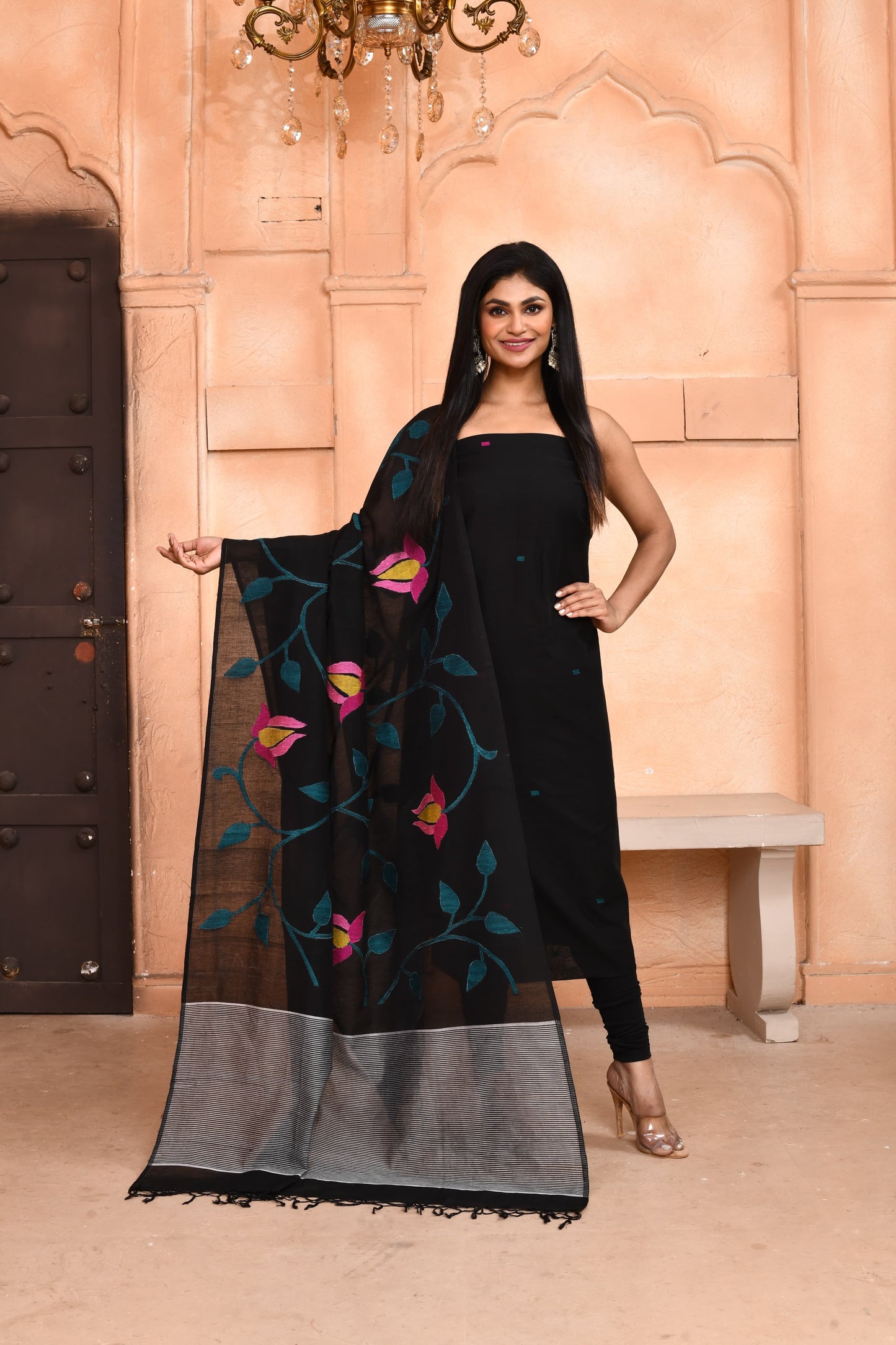 𝑲𝒖𝒔𝒖𝒎  - Mul cotton tantuj needle weaved all over jaal work dupatta with polka dot suit