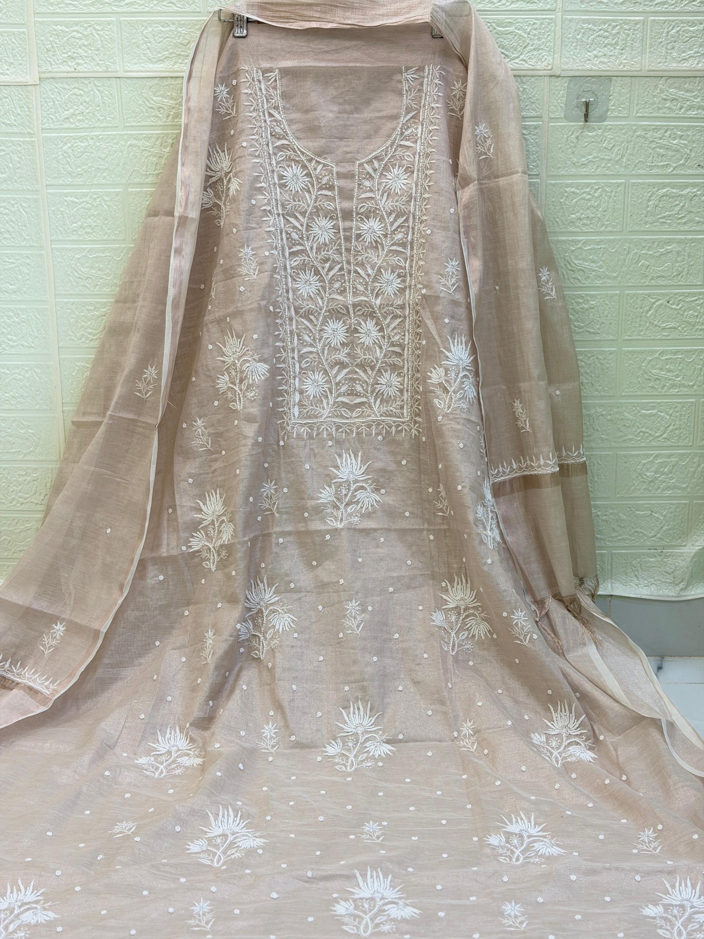 Fabric Rose Gold Tissue Chanderi Suit Set | Chikan Fine Work | Pearl & Cutdana Detailing | Dyeable Fabric