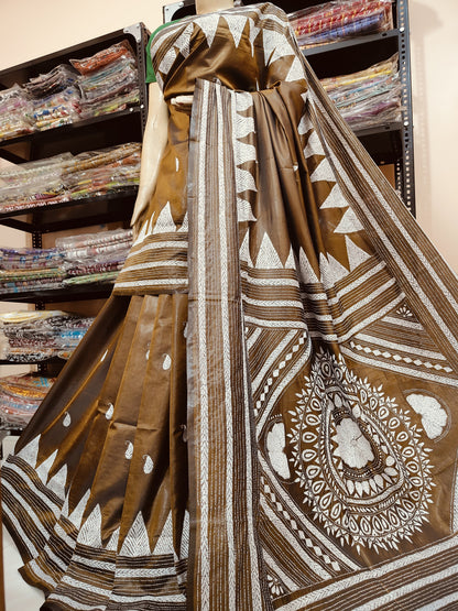 Traditional Shantiniketan Hand Kantha Stitch Saree in Blended Bangalore Silk | Rihyaaz