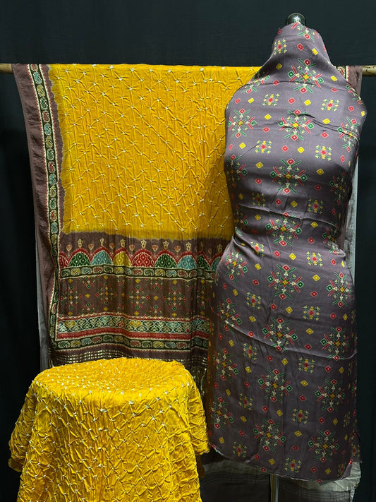 Kalamkari Bandhej 3-Piece Suit – Premium Modal Silk Elegance