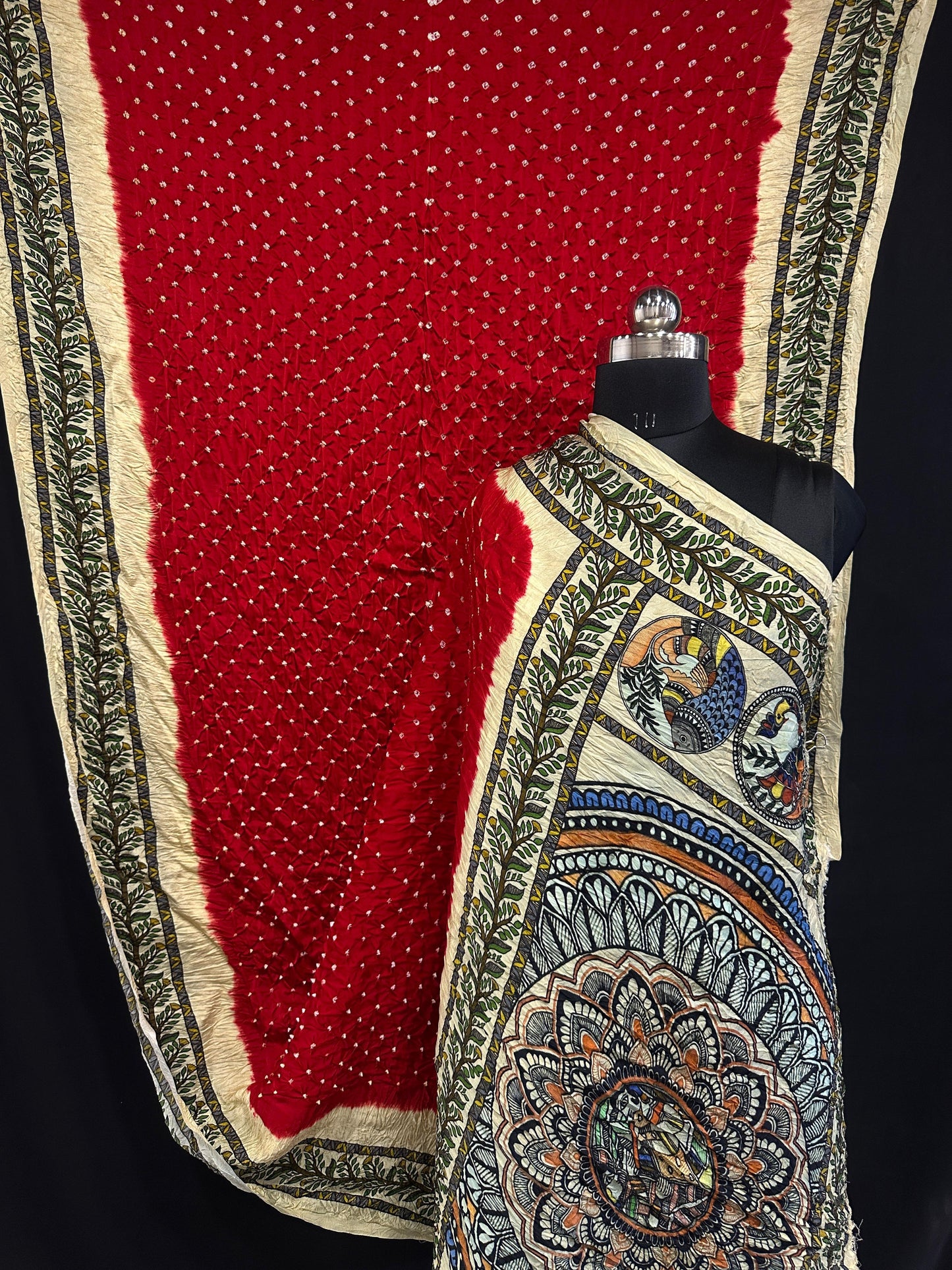 Pure Modal Silk Bandhani Saree – Kalamkari x Bandhani Fusion | Natural Block Prints