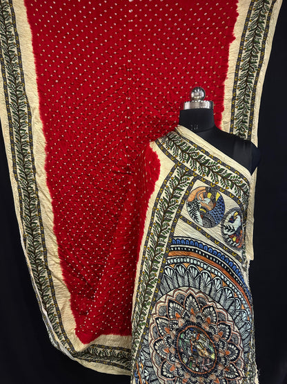 Pure Modal Silk Bandhani Saree – Kalamkari x Bandhani Fusion | Natural Block Prints