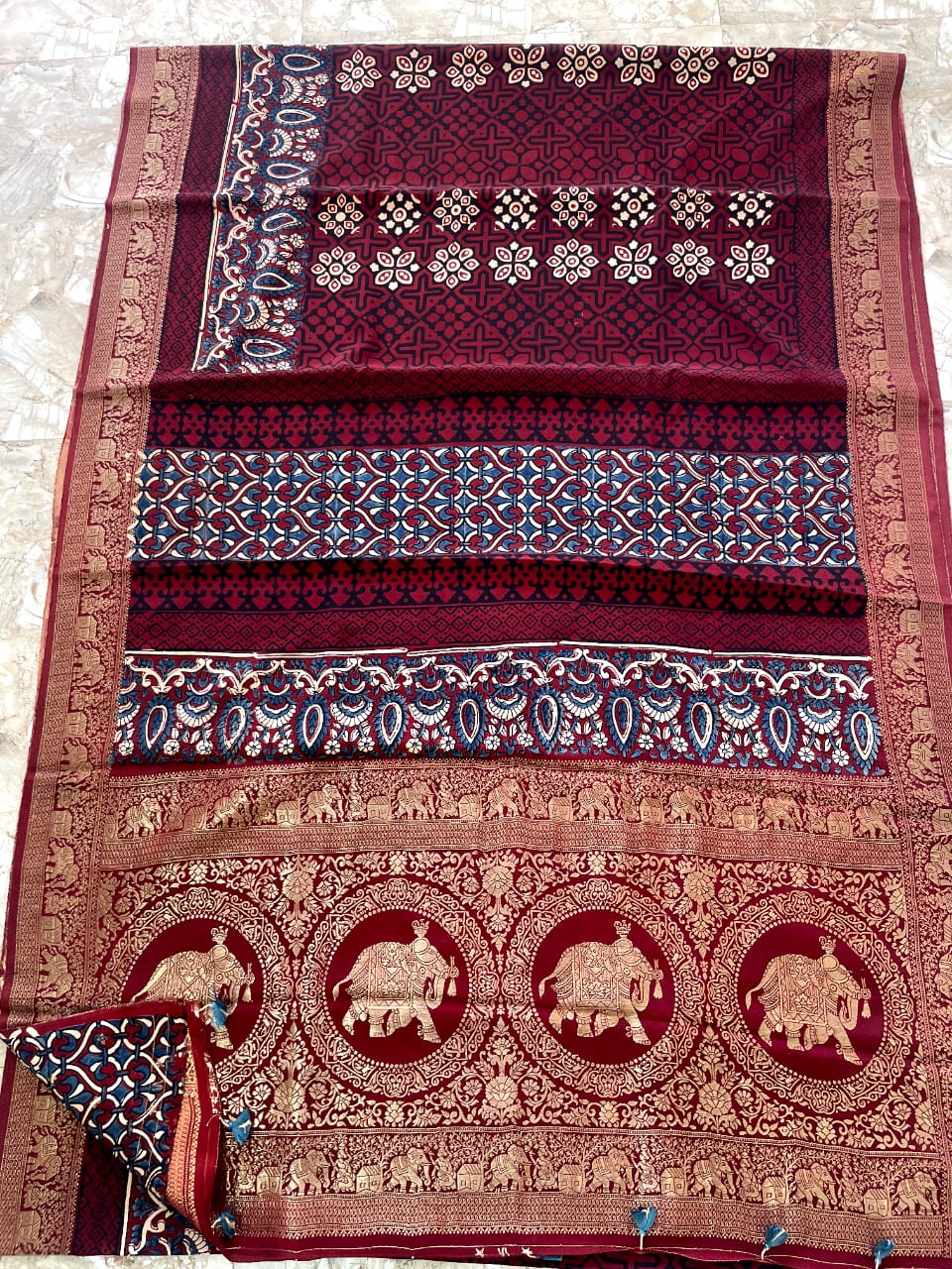 Dola Benarasi Pallu Ajrakh Hand Block Print Saree | Authentic Handloom Elegance