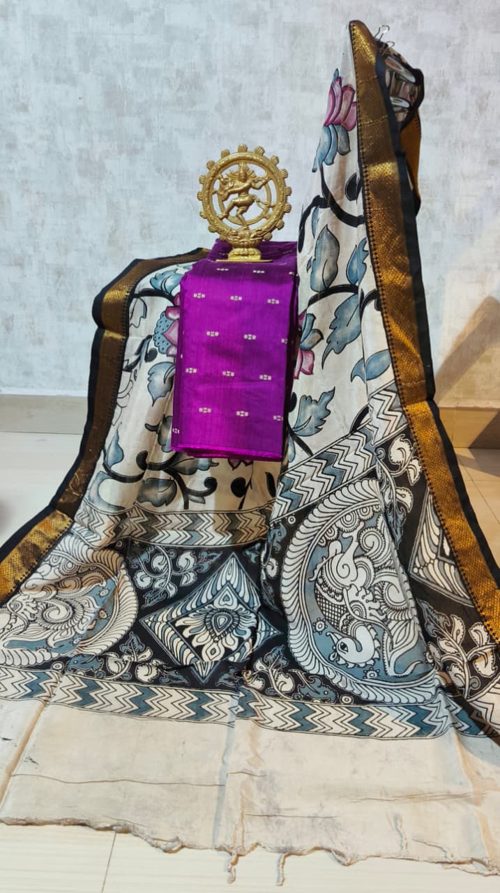 Ikkat Raw Silk Unstitched Dress Material with Kalamkari Dupatta