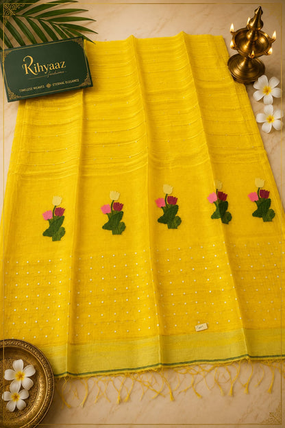 Tinka premium linen saree with resham tulip woven Jamdani anchal and all-over sequin detailing by Rihyaaz