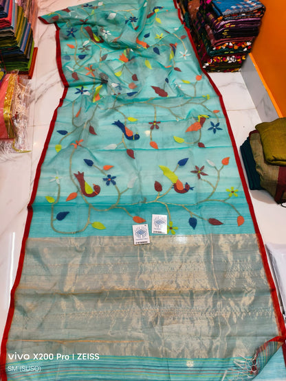Papri Resham silk jamdani saree with allover handwoven bird & floral weaves by Rihyaaz 