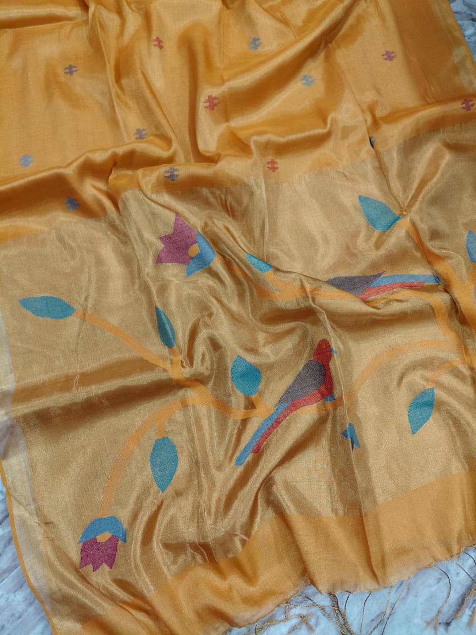 Rai Pure Cotton by Zari Tissue Acrylic Saree with Paithani Pallu by Rihyaaz, elegant handwoven festive saree featuring traditional Paithani weaving, lightweight cotton fabric, shimmering zari tissue finish, and premium ethnic wear for weddings and celebrations.