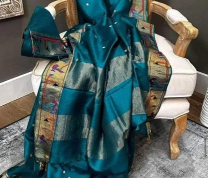 Pure Handloom Tussar Silk Suit - Exquisite Embroidery Border | Premium Weave | Silk Mark Certified