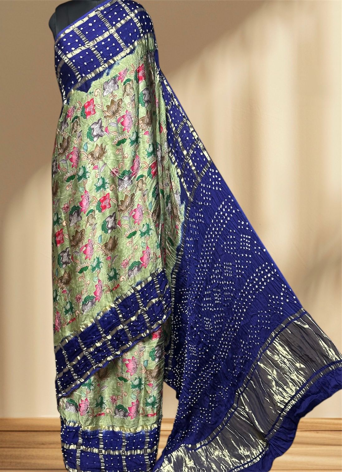 Kalamkari Bandhej Modal Silk Saree with Heavy Tissue Pallu | Digital Print Natural Dye |