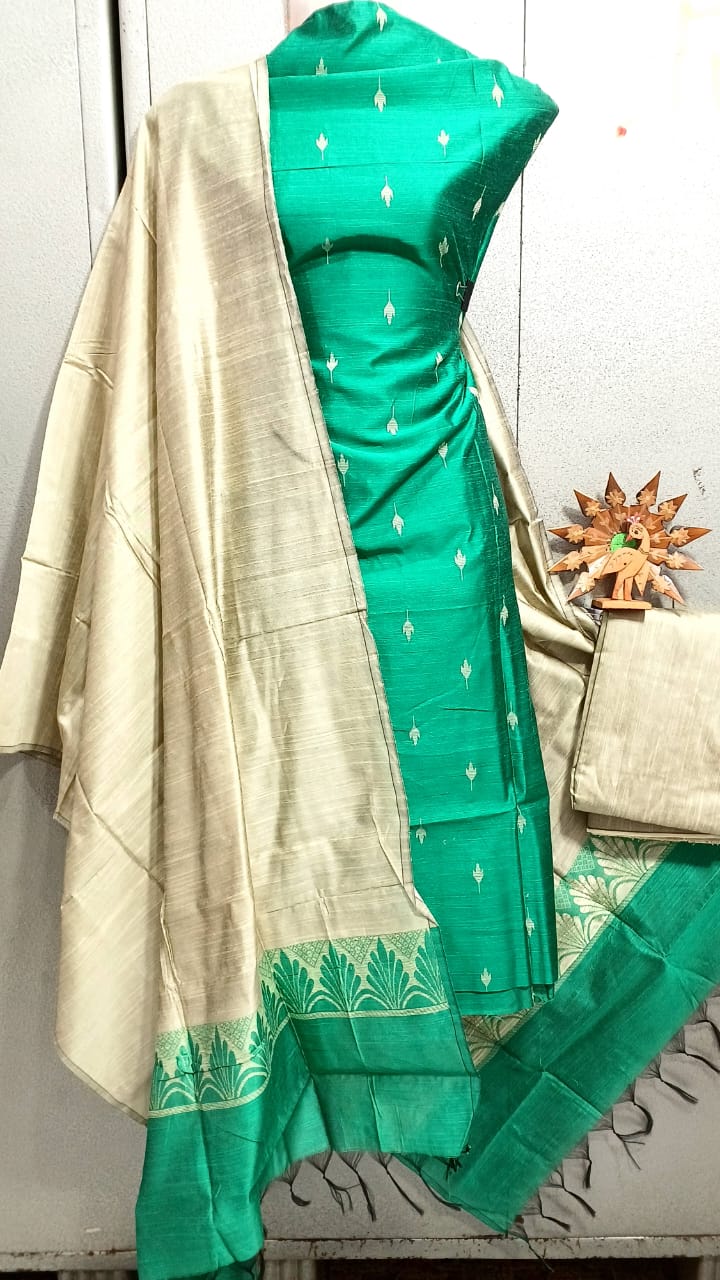 Semi Raw Silk Buta Design Unstitched Dress Material Set