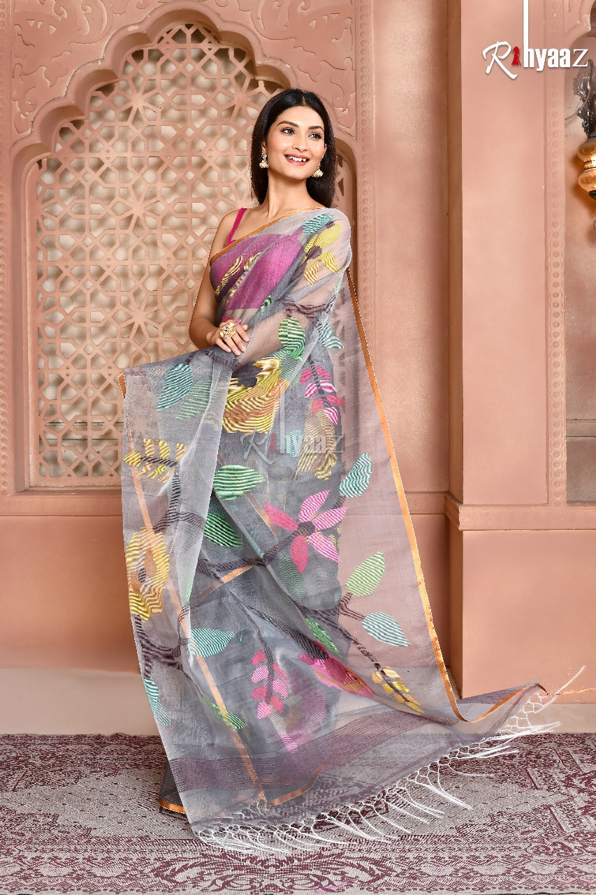 Mehak- Muslin Allover Jaal Weaved Floral Jamdani saree | Rihyaaz