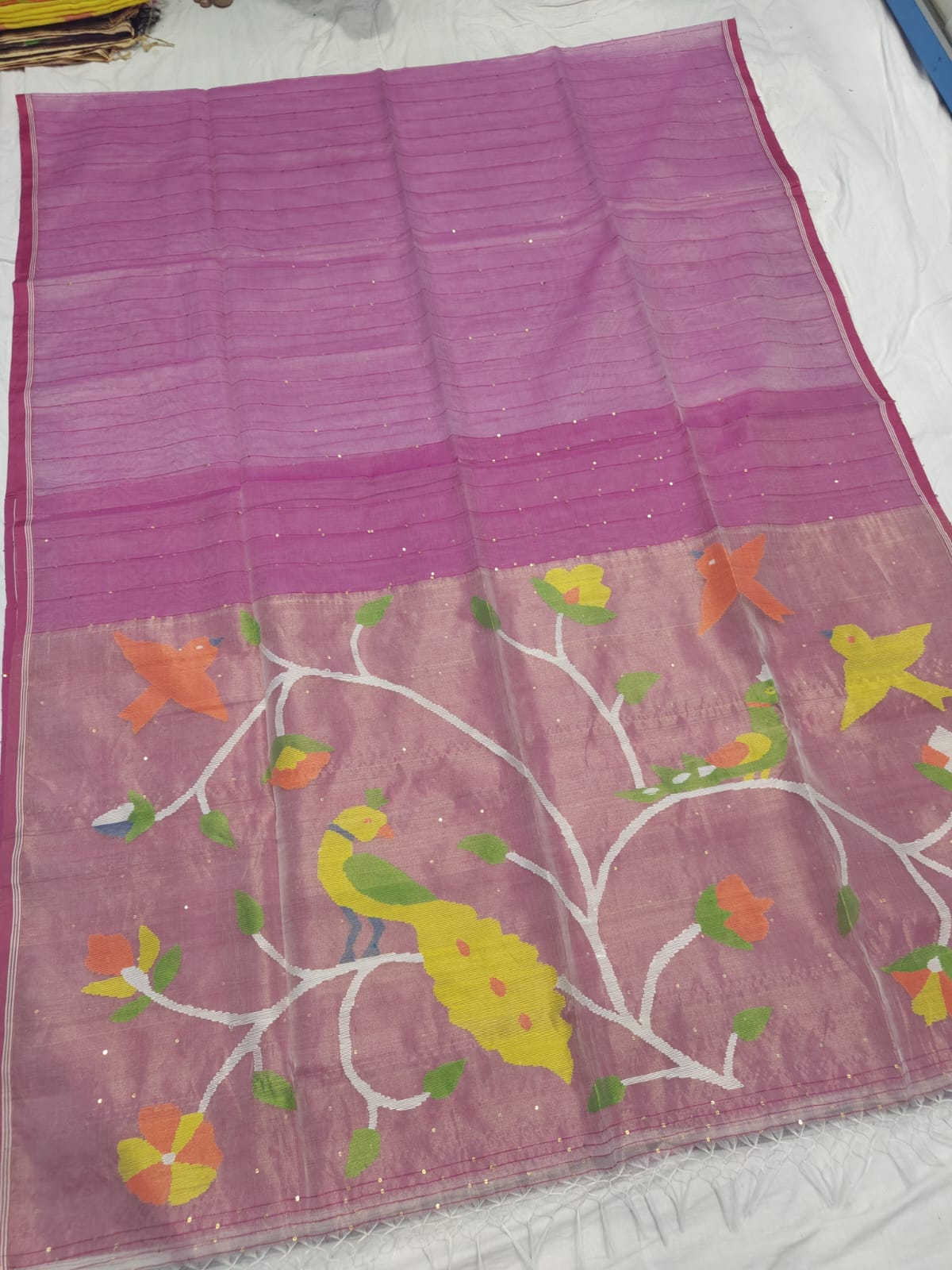 𝓞𝓭𝓱𝓪𝓷𝓲 – Muslin Silk Pathani Weave Saree with All-Over Sequin Elegance