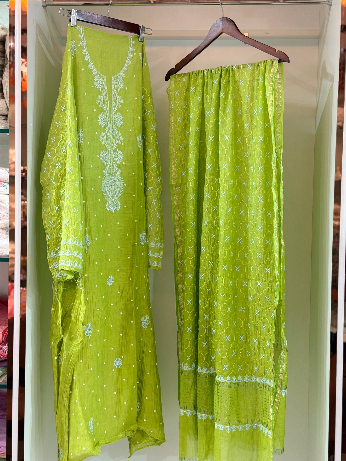 Pure Mulmul Chanderi Chikankari Straight Suit Set with Heavy Resham Jaal Work | Semi-Stitched | Rihyaaz