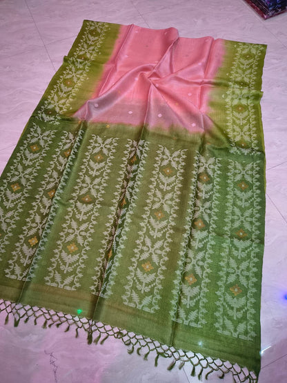 Pure Tussar Jamdani Tie-Dye Saree | Handwoven Tussar Silk with Blouse