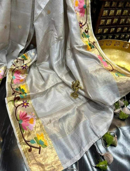 Pure Handloom Tussar Silk Suit - Exquisite Embroidery Border | Premium Weave | Silk Mark Certified