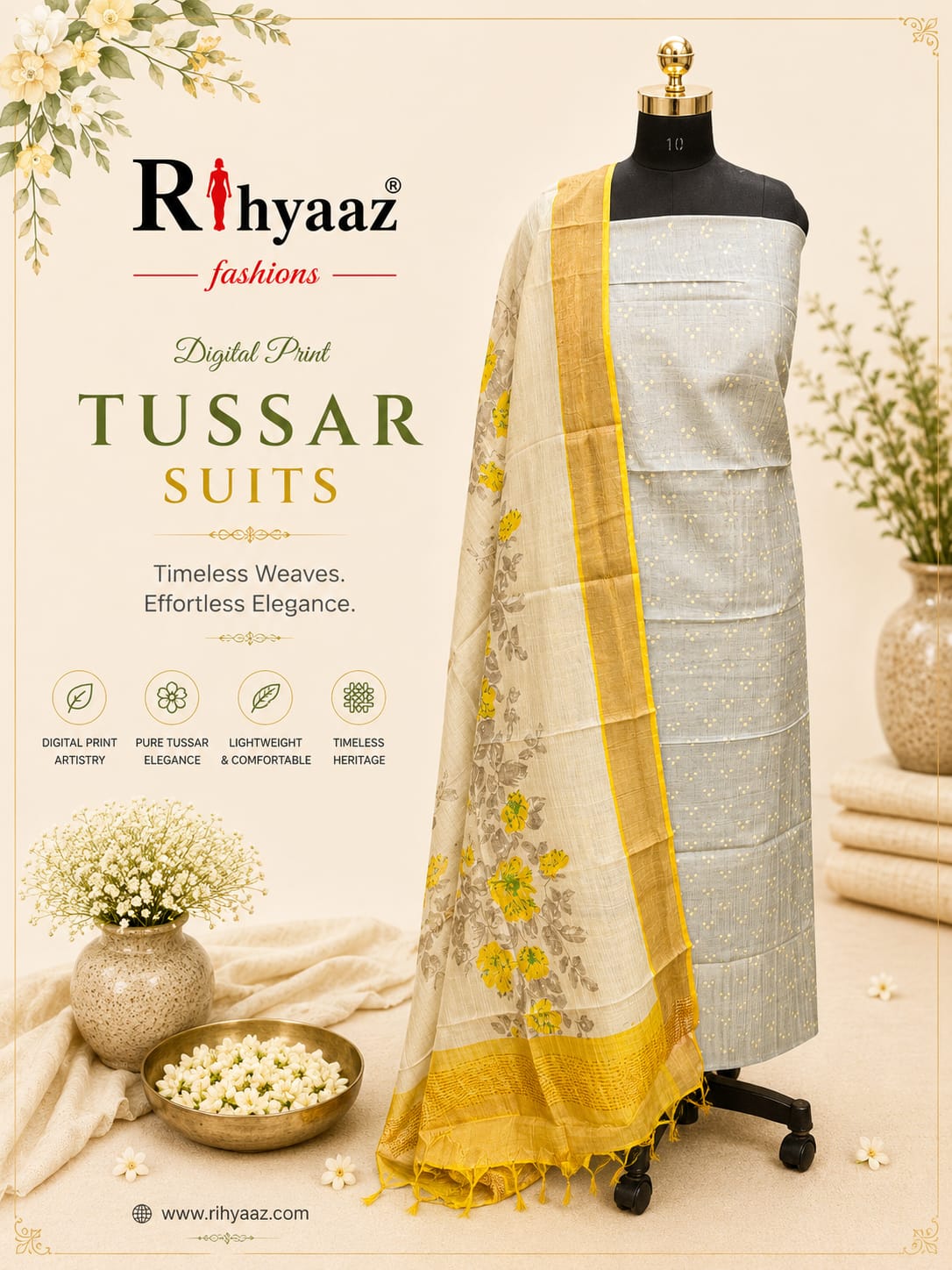 Mahi – Zari Tussar 4 Ply Digital Print Suit Set | Rihyaaz