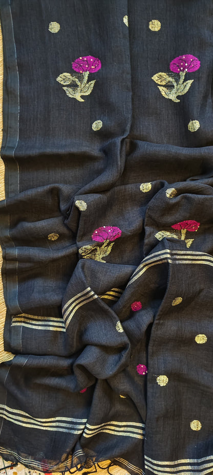 Rukh Pure Linen by Linen handwoven floral motif Jamdani saree with sequence work on motifs and pallu, needlework butta and blouse piece by Rihyaaz