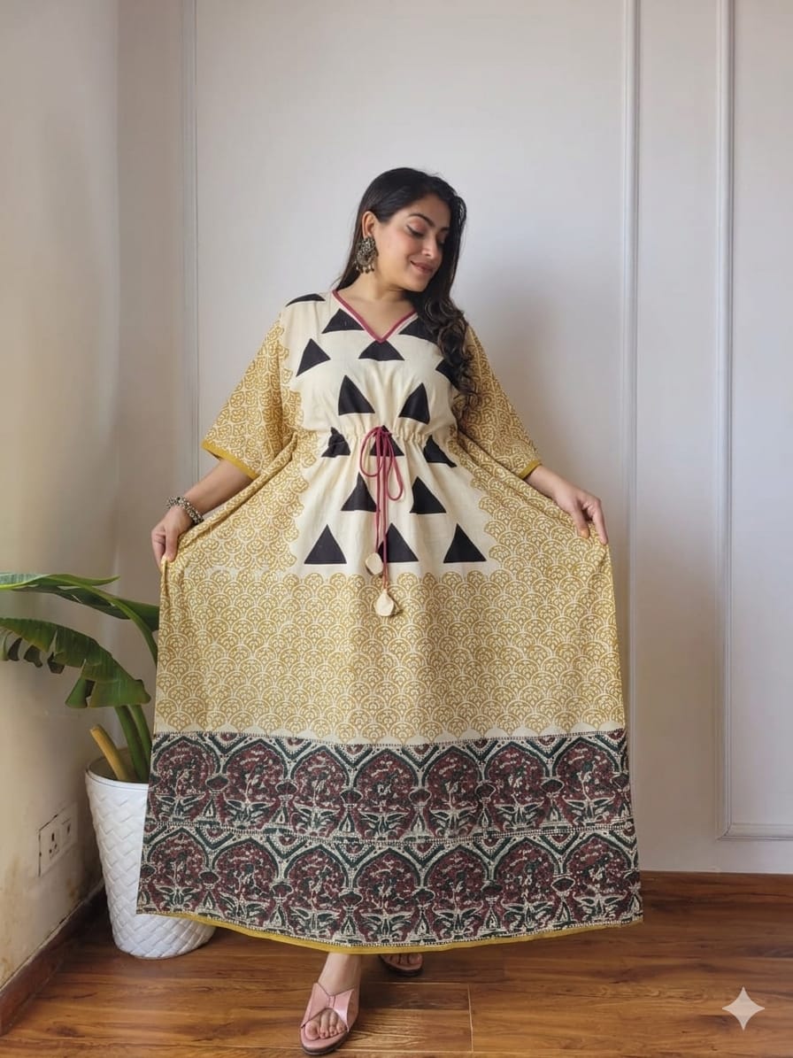 Pure Cotton Ajrakh Print Kaftan (Free Size 36-52") | Hand Block Kaftans