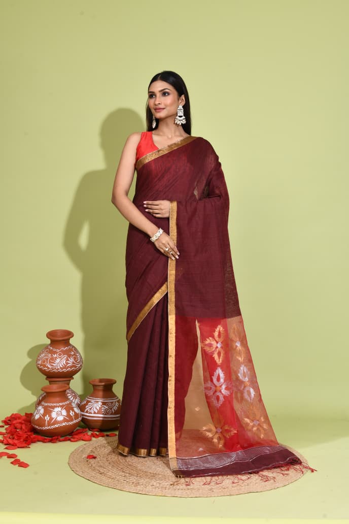 Mogra Dual Tone Matka Silk Saree with Resham & Zari Floral Aanchal