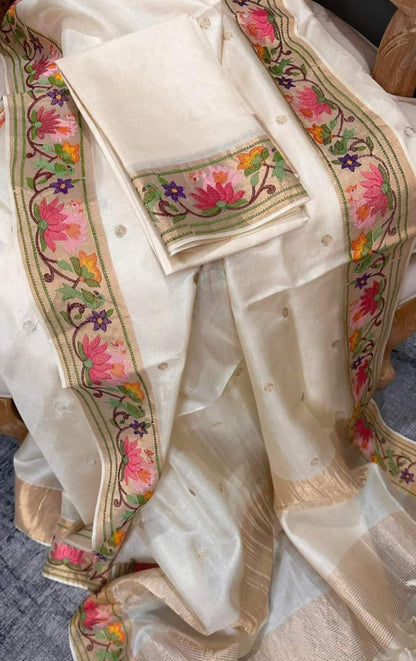 Pure Handloom Tussar Silk Suit - Exquisite Embroidery Border | Premium Weave | Silk Mark Certified