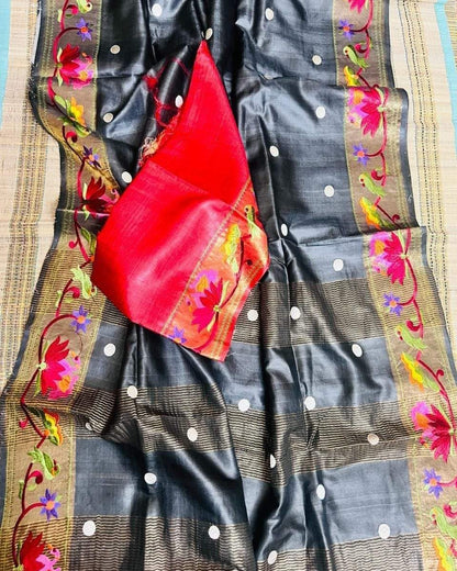 Pure Handloom Tussar Silk Suit - Exquisite Embroidery Border | Premium Weave | Silk Mark Certified