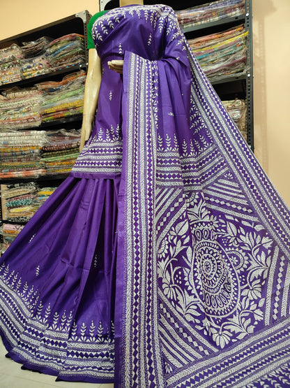 Traditional Shantiniketan Hand Kantha Stitch Saree in Blended Bangalore Silk | Rihyaaz