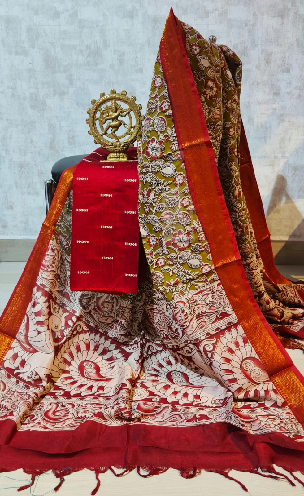 Ikkat Raw Silk Unstitched Dress Material with Kalamkari Dupatta