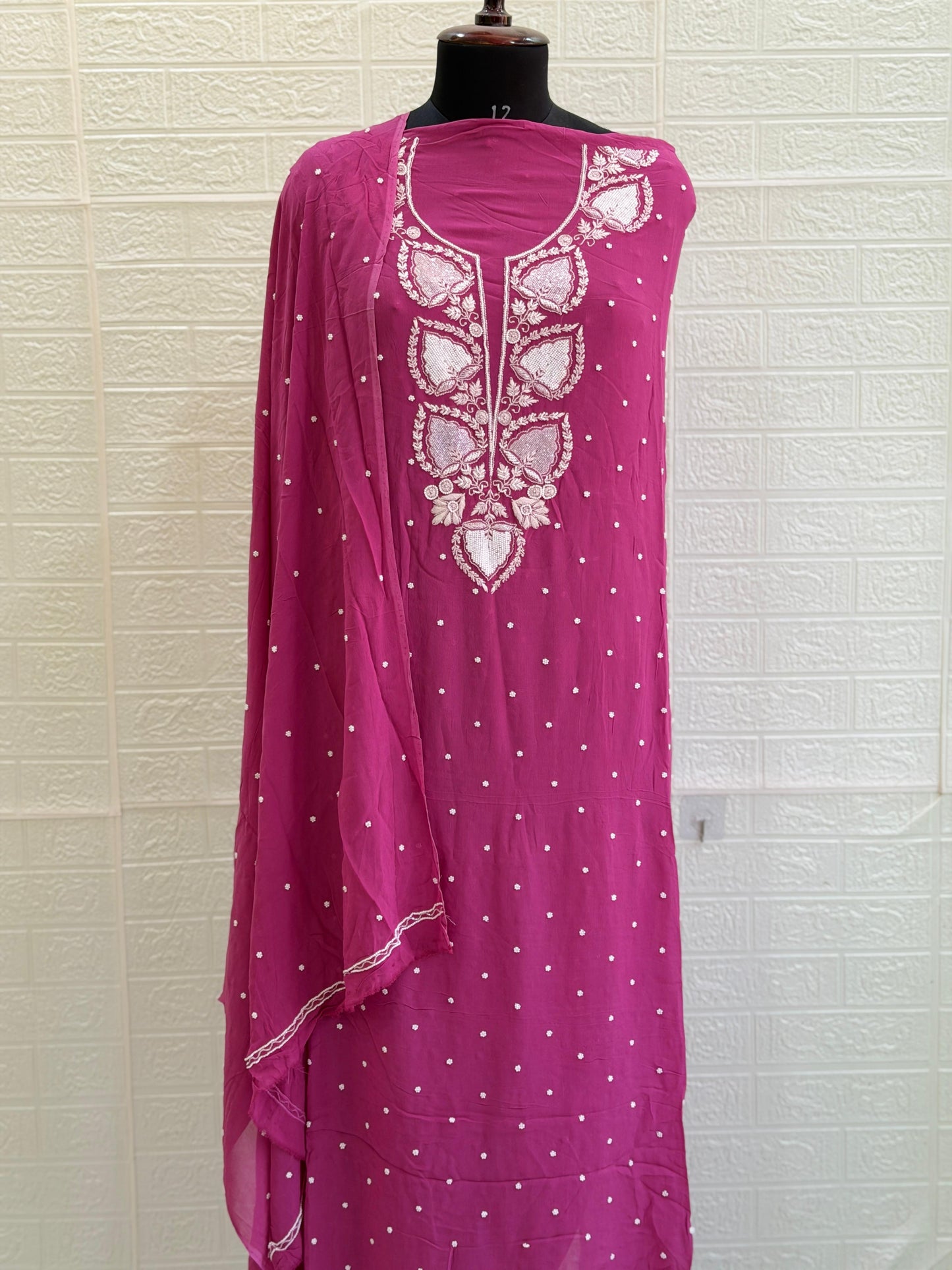 Viscose Georgette Suit Kurta Dupatta Set – Chikan Fine Work | Pearl & Cuttdhana Detailing | Dyeable Fabric