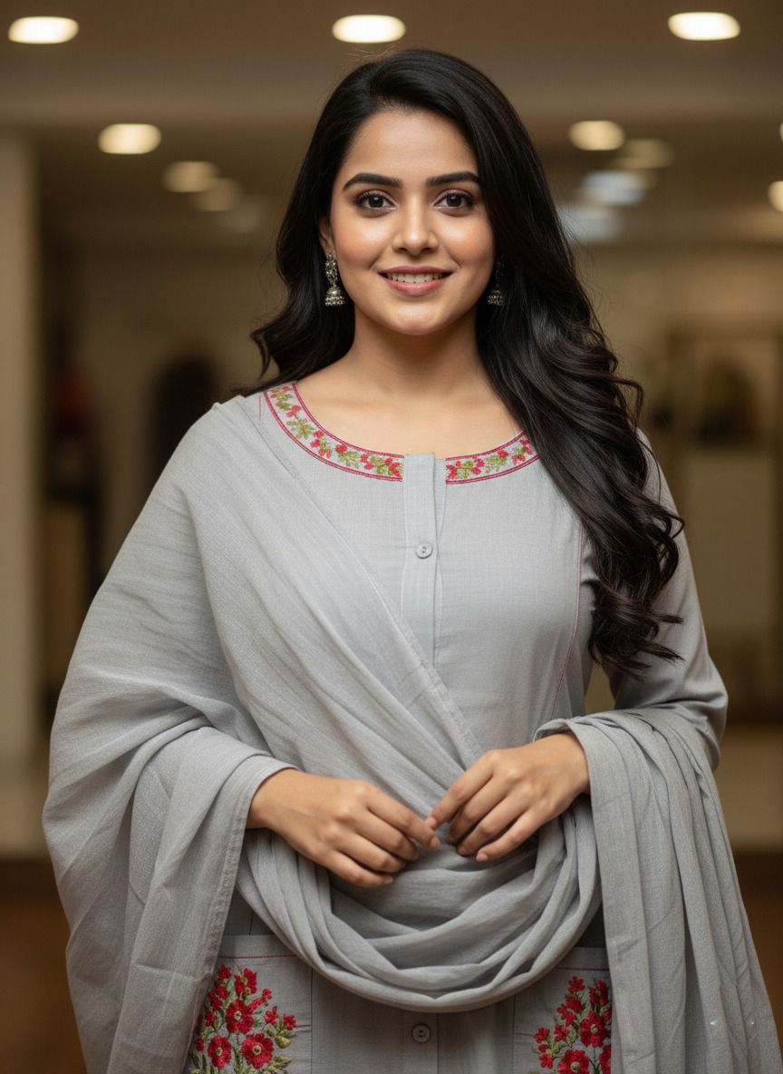 Kaavya – Elegant Flair Straight Kurta Set | Cotton Pant & Malmal Dupatta | Premium Embroidered Suit Set