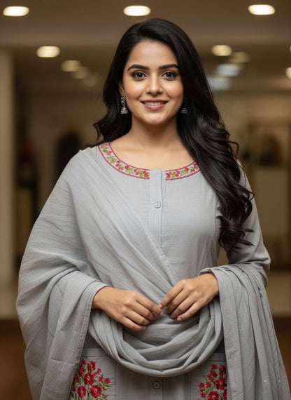 Kaavya – Elegant Flair Straight Kurta Set | Cotton Pant & Malmal Dupatta | Premium Embroidered Suit Set