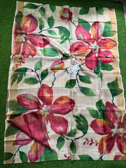 Pure Handloom Tussar Silk – Digital Print & Hand-Painted Saree (Silk Mark Certified)