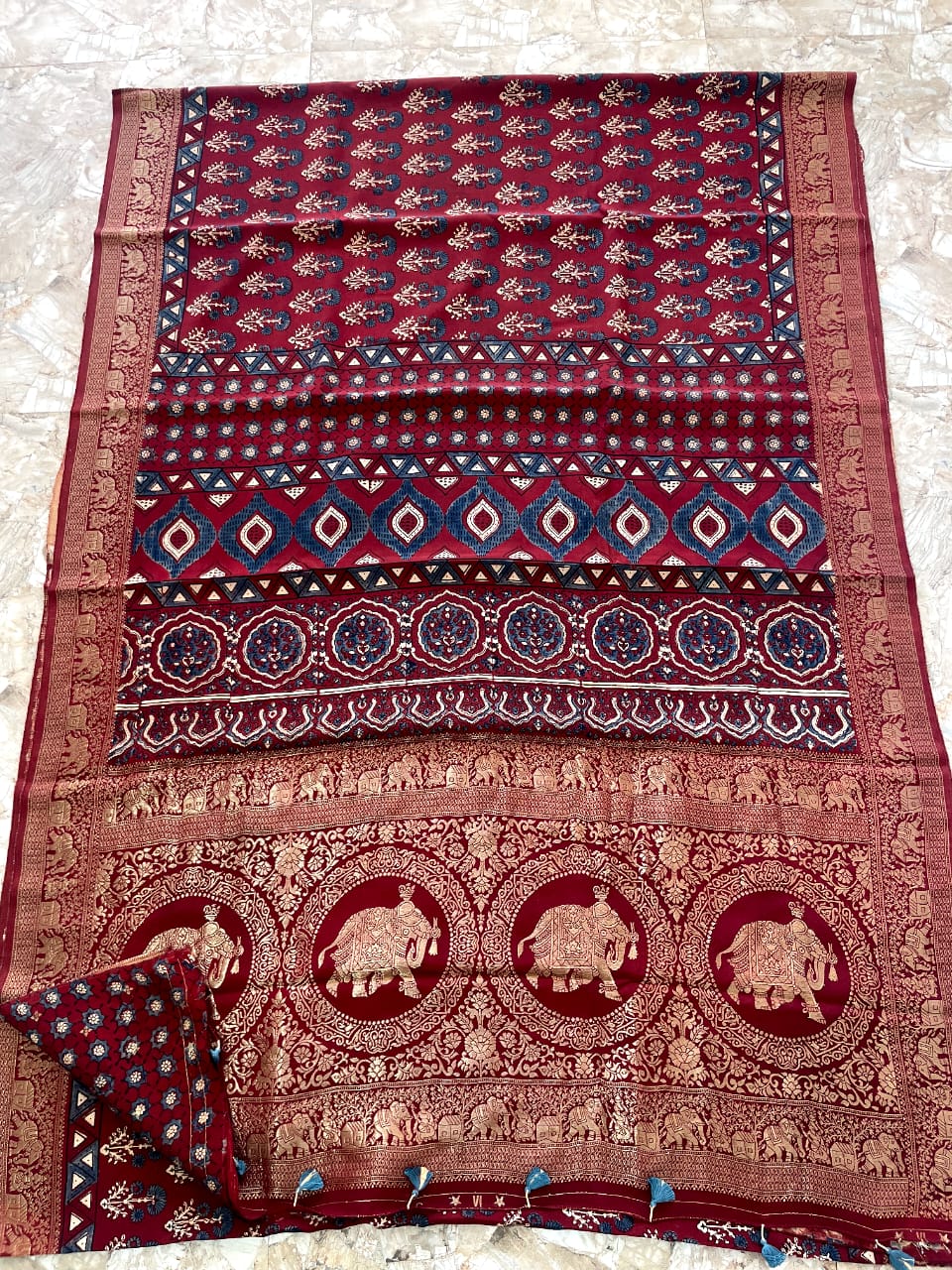 Dola Benarasi Pallu Ajrakh Hand Block Print Saree | Authentic Handloom Elegance