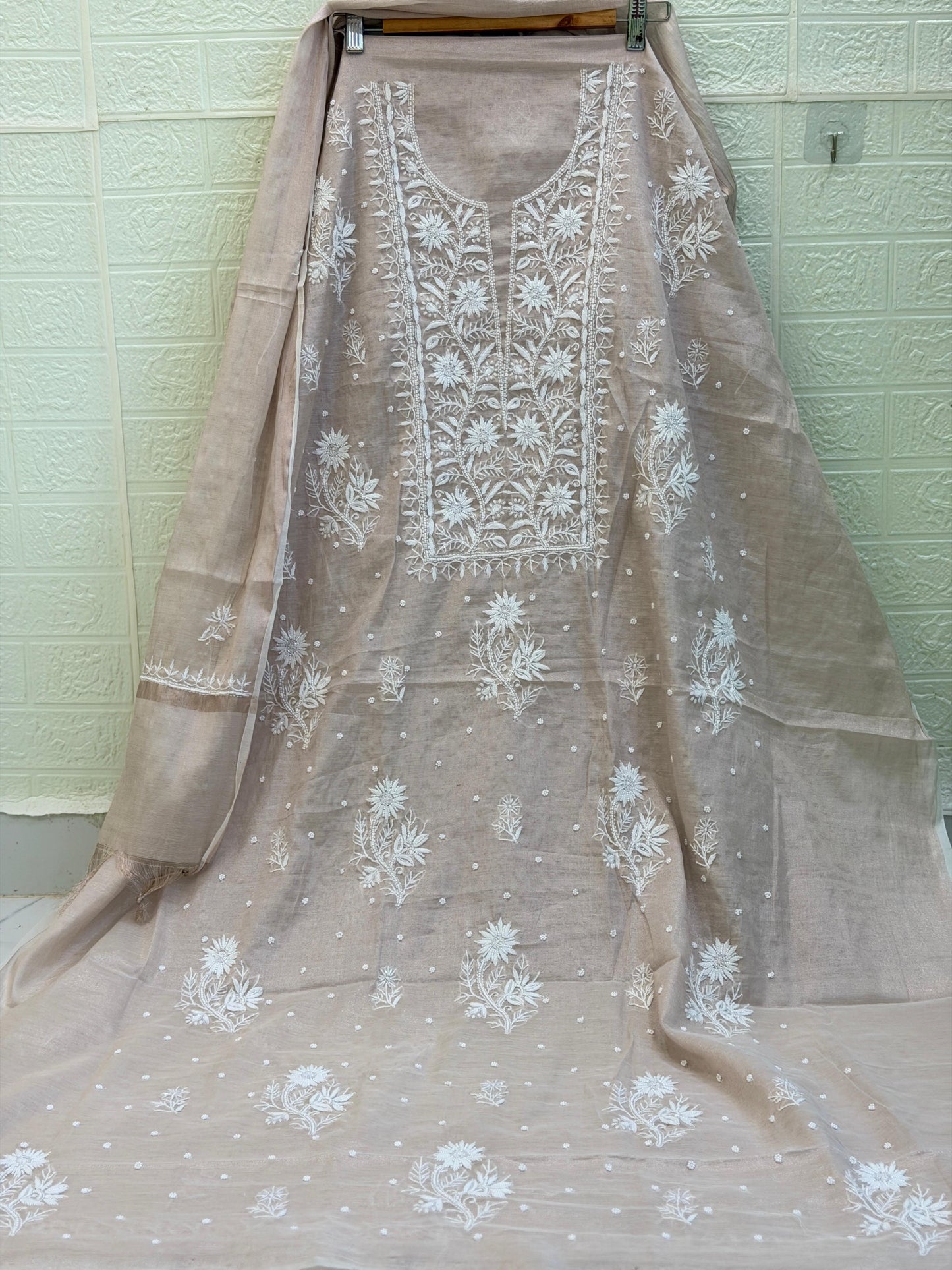 Fabric Rose Gold Tissue Chanderi Suit Set | Chikan Fine Work | Pearl & Cutdana Detailing | Dyeable Fabric