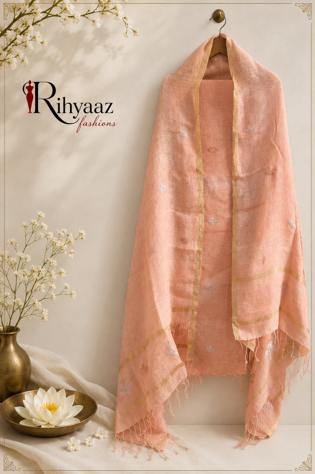 Sukoon Dual Zari Woven Linen Needle Jamdani Suit Set | Premium Handwoven Ethnic Wear | Rihyaaz