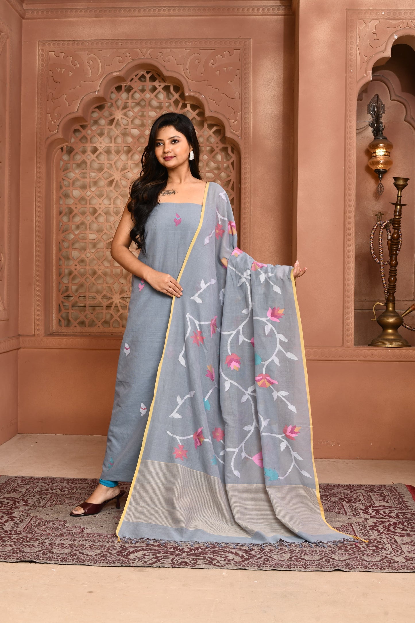 𝑲𝒖𝒔𝒖𝒎  - Mul cotton tantuj needle weaved all over jaal work dupatta with polka dot suit