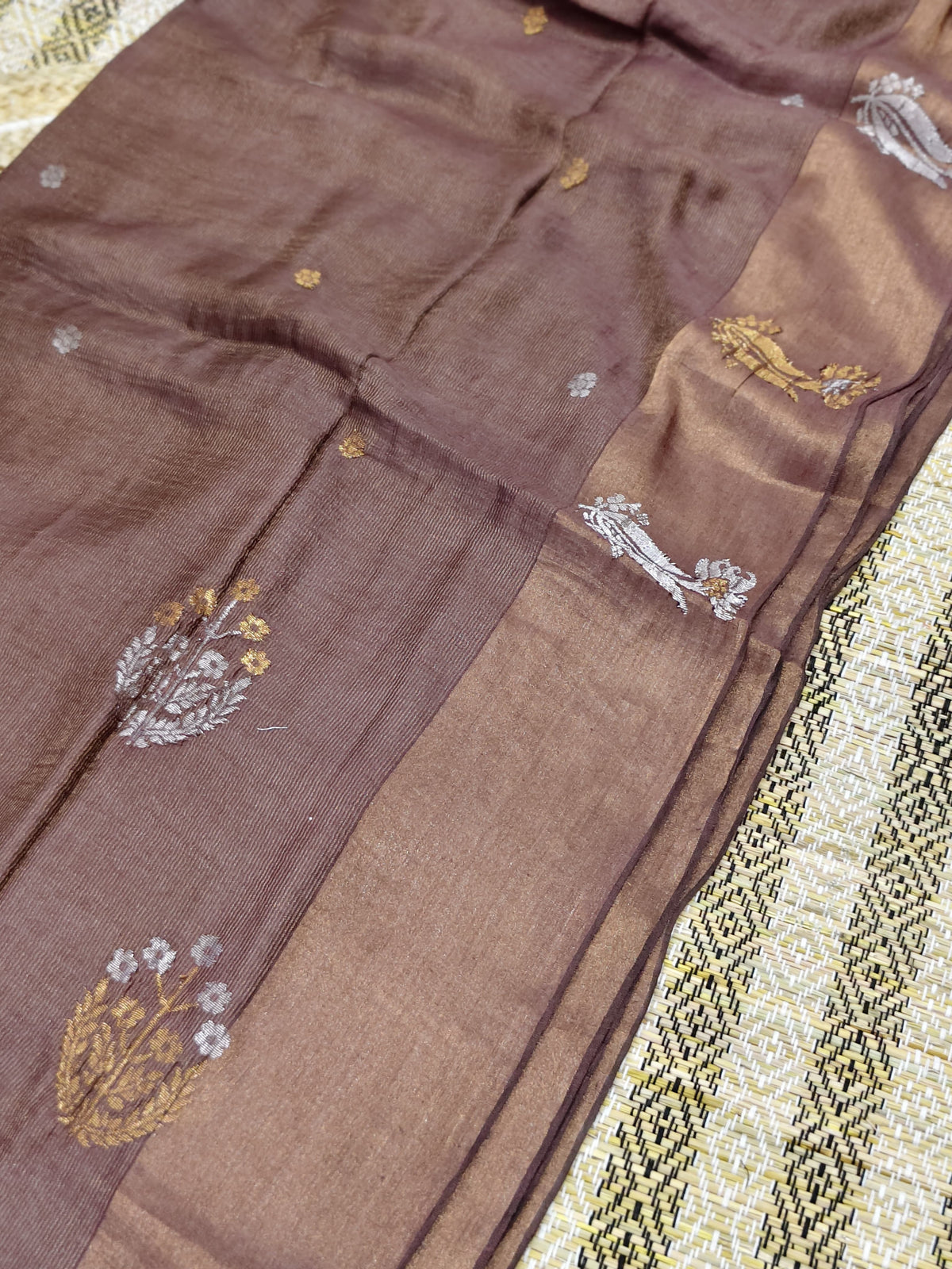 Sharanya dark brown premium handwoven tissue silk by modal saree with blouse piece by Rihyaaz Fashions, soft and lightweight designer ethnic wear.