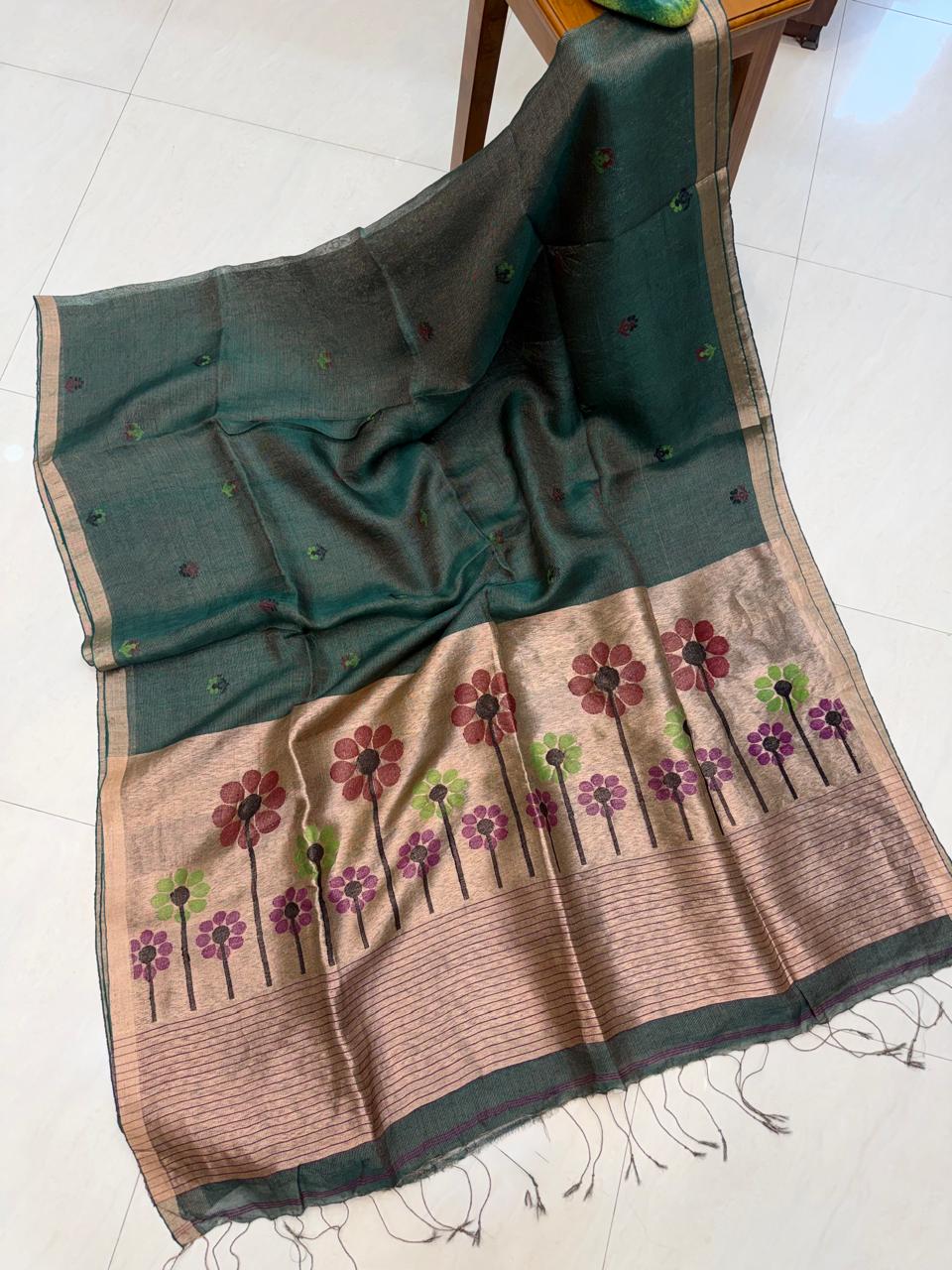Authentic Dark Green premium tissue silk linen flower Motif Paithani saree by RIHYAAZ with running blouse piece, soft elegant traditional handloom design.