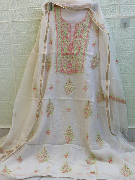 Mul Mul Chanderi Suit Set – Kurta & Dupatta | Fine Chikan Work | Colour-Dyeble Fabric