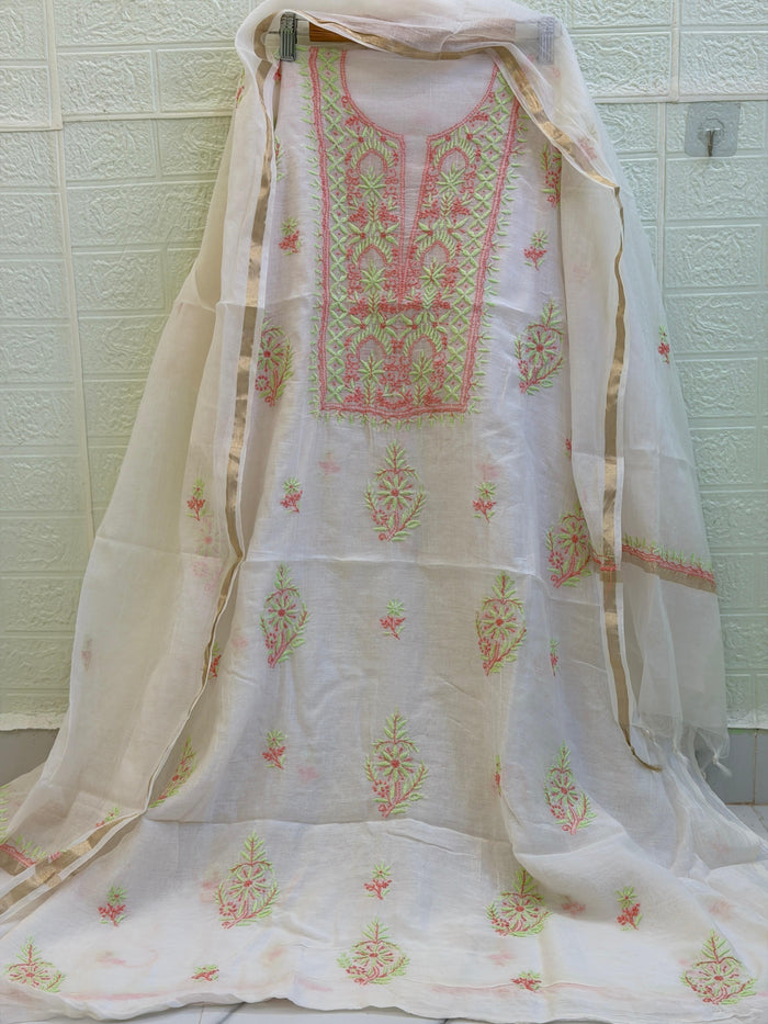 Mul Mul Chanderi Suit Set – Kurta & Dupatta | Fine Chikan Work | Colour-Dyeble Fabric
