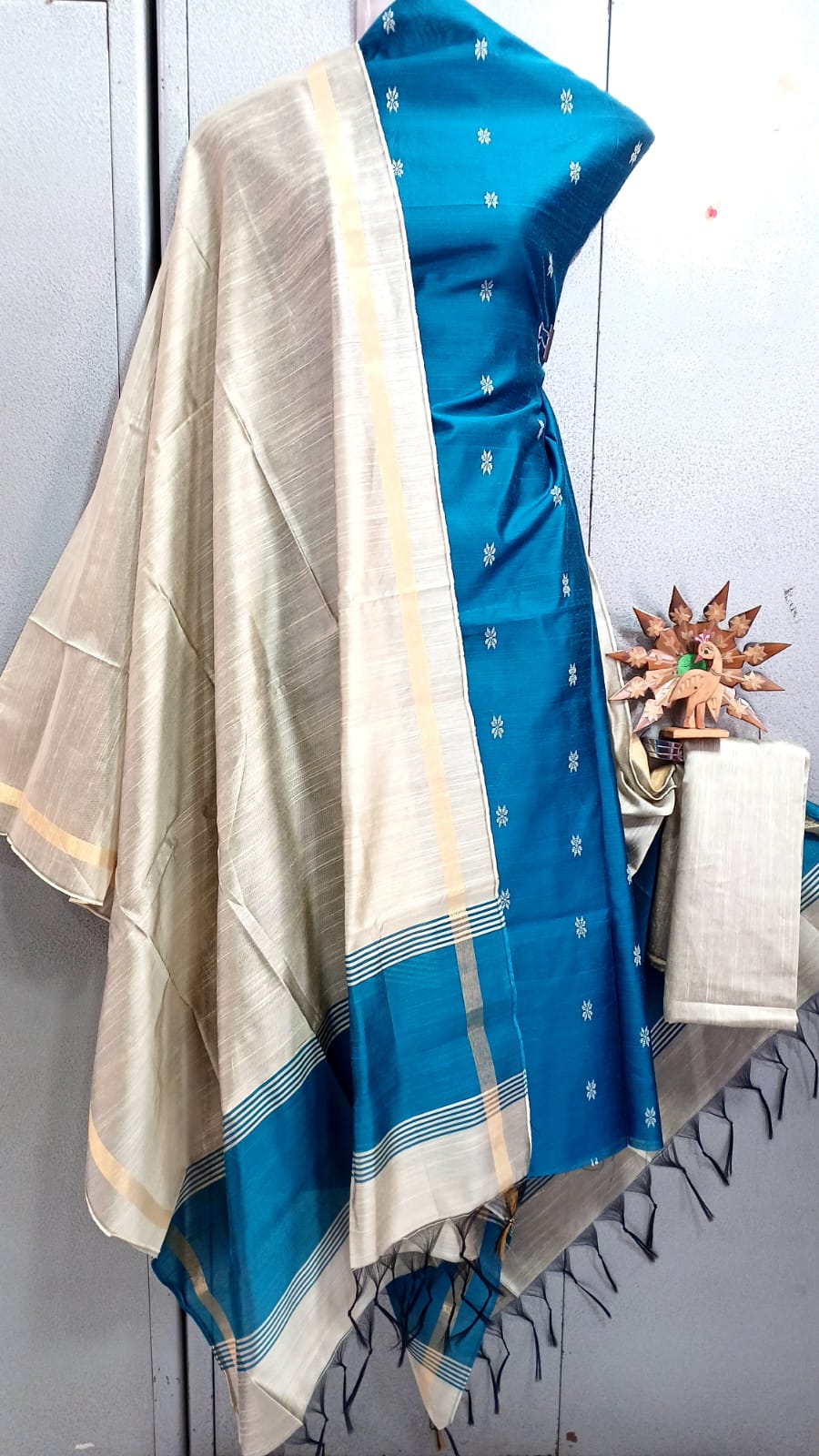 Semi Raw Silk Buta Design Unstitched Dress Material Set