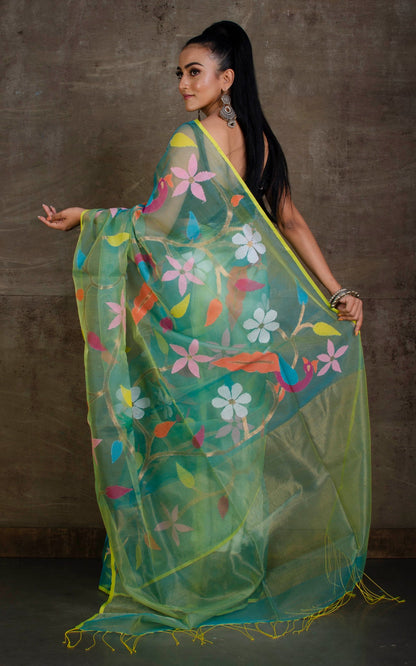 Papri Resham silk jamdani saree with allover handwoven bird & floral weaves by Rihyaaz 