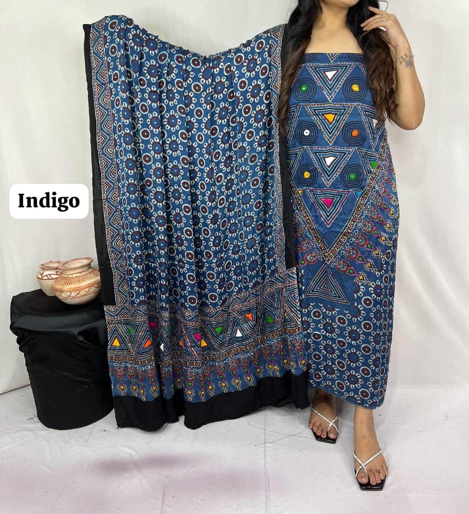 Pure Modal Silk Ajrakh Hand Block Printed Suit | Natural Dye | Premium Handcrafted Set