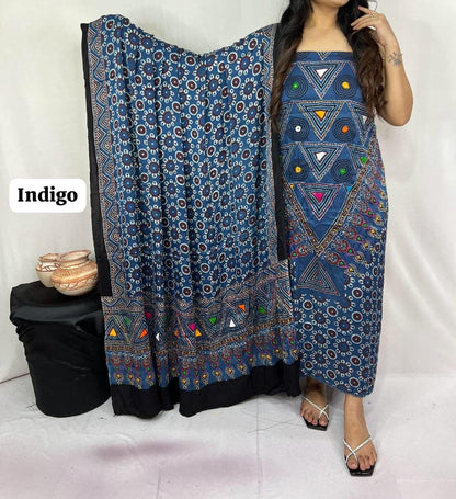 Pure Modal Silk Ajrakh Hand Block Printed Suit | Natural Dye | Premium Handcrafted Set