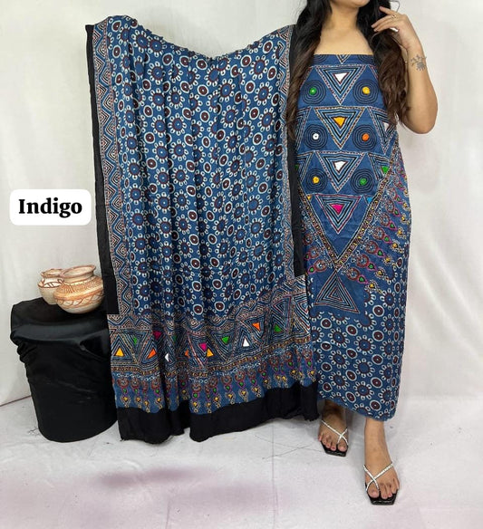 Pure Modal Silk Ajrakh Hand Block Printed Suit | Natural Dye | Premium Handcrafted Set