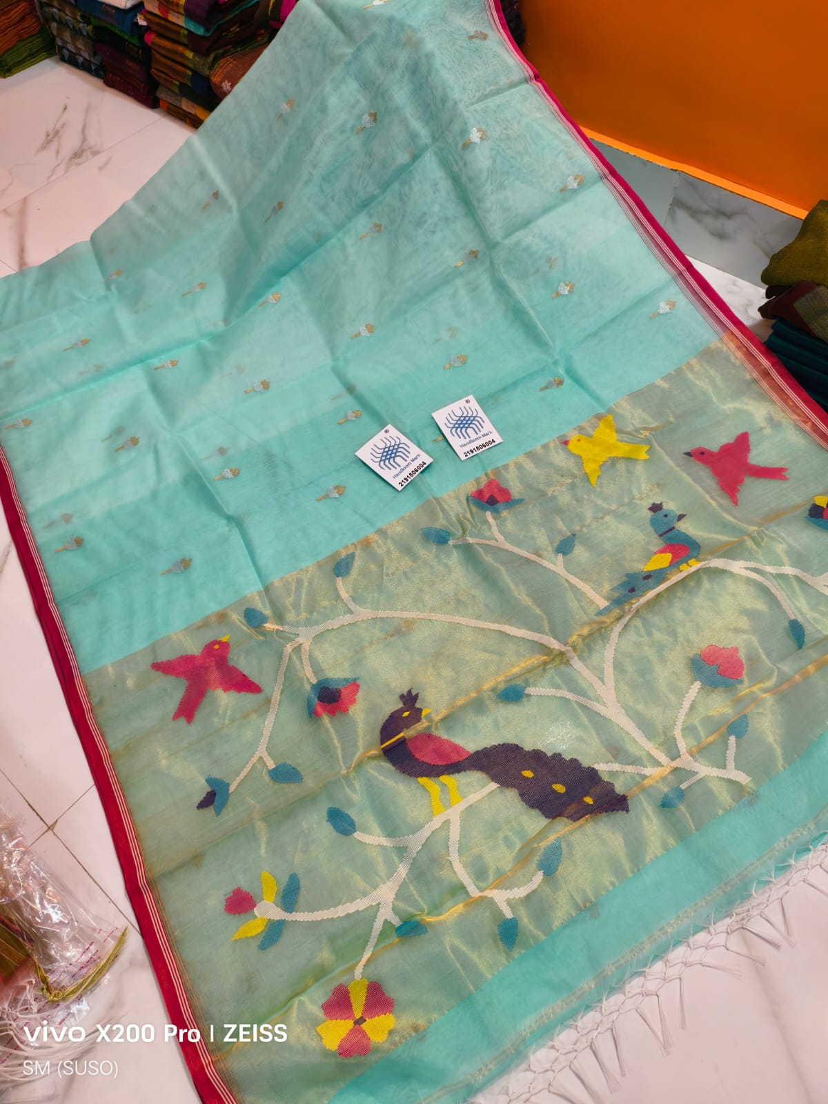 Sakhi zari lotus weaved muslin saree with paithani anchal