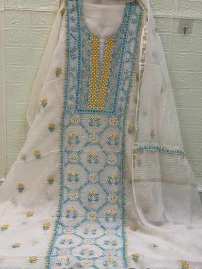 Fabric Mul Mul Chanderi Suit Set – Kurta & Dupatta | Chikan Fine Work | Colour Thread Embroidery | Pearl & Cuttdhana Detailing | Dyeable Fabric