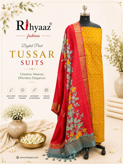 Mahi – Zari Tussar 4 Ply Digital Print Suit Set | Rihyaaz