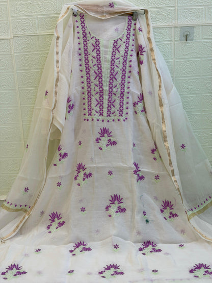 Mul Mul Chanderi Suit Set – Kurta & Dupatta | Fine Chikan Work | Colour-Dyeble Fabric