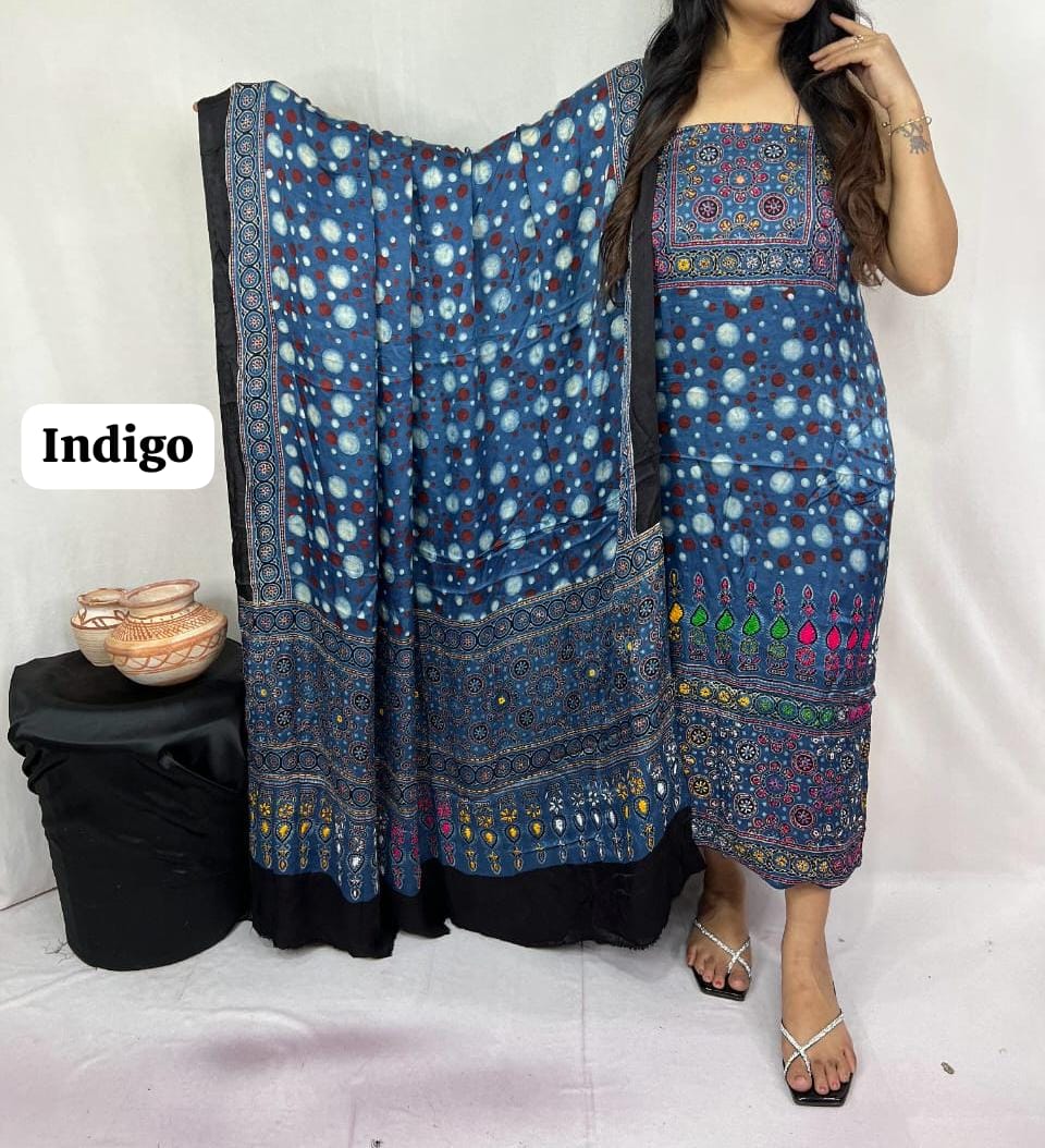 Pure Modal Silk Ajrakh Hand Block Printed Suit | Natural Dye | Premium Handcrafted Set
